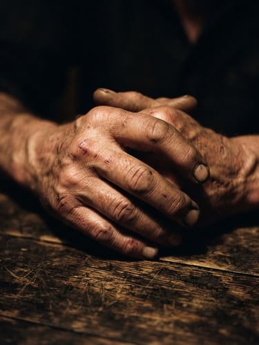 Close-up documentary photograph of weathered, scarred hands clasped together on a dark wooden table, illuminated by a single warm tungsten light source from the side, dramatic high-contrast shadows, raw film grain, 35mm lens.