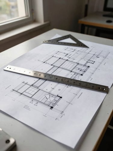 Close environmental shot of a construction site office desk — large-format architectural drawings spread flat, a worn metal ruler crossing a structural detail, a set square resting at the corner, natural north-facing window light from the left, no people, dust on the paper edges