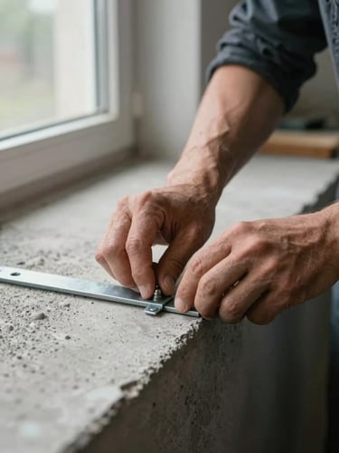 Close-up portrait frame of a craftsman's hands pressing a steel fixing into a concrete surface, natural north-facing window light, raw texture visible, grey tones with warm metal