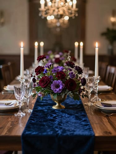 Portrait-framed close view of an elegantly dressed wedding table vignette, deep sapphire velvet runner, tall crystal candlesticks casting warm gold halos, a lush jewel-toned floral arrangement of burgundy and violet blooms at center, fine glassware catching chandelier light in the background, shallow depth of field, editorial still-life framing, no people