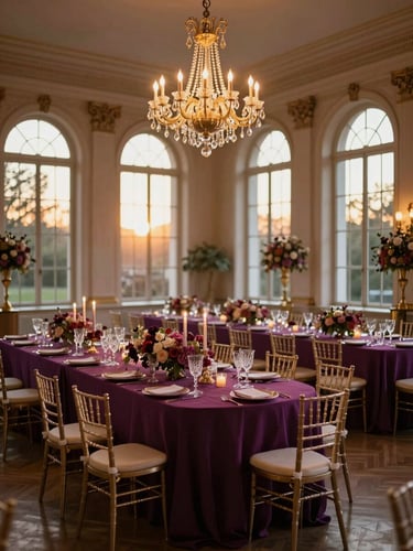 Wide environmental shot of a fully styled ballroom interior, chandelier hanging at centre-frame casting warm amber and gold light across a long banquet table dressed in deep amethyst linens, crystal glassware catching candlelight, jewel-tone floral centrepieces, golden hour glow filtering through tall arched windows, no people, no staff, editorial framing