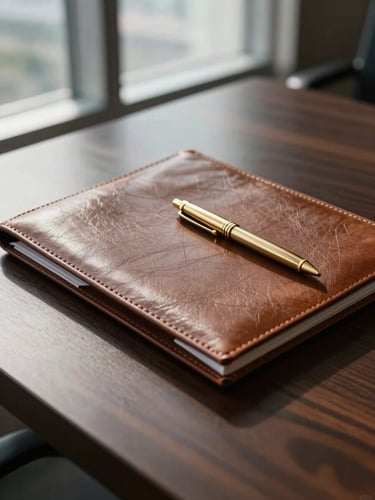 Extreme close-up of a leather-bound document folder resting on a dark walnut desk surface in a private Dubai office, a single gold pen placed diagonally across the closed cover, soft overcast daylight entering from a large window to the left casting a precise shadow across the leather texture, no hands, no people, minimal and controlled