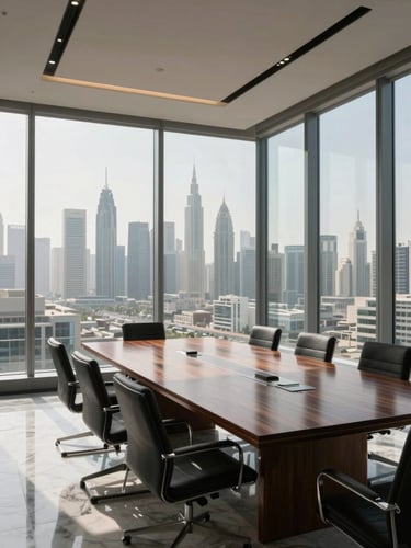 Wide panoramic view from inside an empty high-floor Dubai corporate boardroom, floor-to-ceiling glass to the right revealing the city skyline receding into haze, a long polished dark wood conference table in the foreground, overcast daylight flooding in from the left casting long soft shadows across marble flooring, no people, no documents on the table, extreme architectural stillness