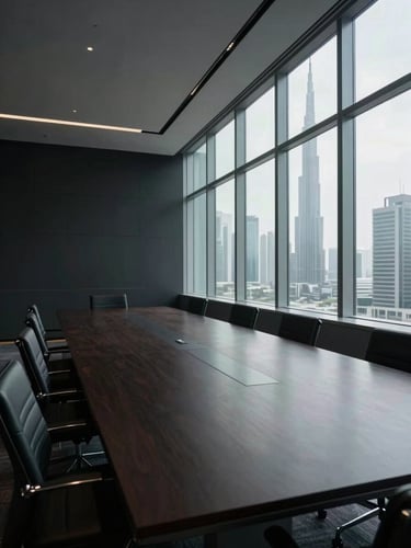 Wide architectural interior of an empty private boardroom, floor-to-ceiling windows on the right casting long overcast daylight across a dark polished table, the far end of the room receding into shadow, no people, deep charcoal walls, Dubai high-rise silhouettes barely visible beyond the glass