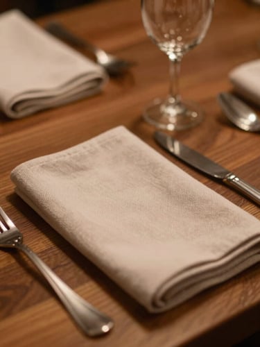 Close-up of a beautifully set dining table with linen napkins, warm low-key evening light, rich wood textures, 35mm editorial photography