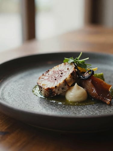 Close-up detail of a beautifully plated signature dish on a dark ceramic plate, soft natural window light, shallow depth of field, rich textures, 35mm.