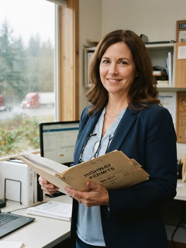 Approachable medium close-up of the professional compliance owner in a bright, organized Pacific Northwest office, holding a highway permit folder, natural overcast window light, 35mm.