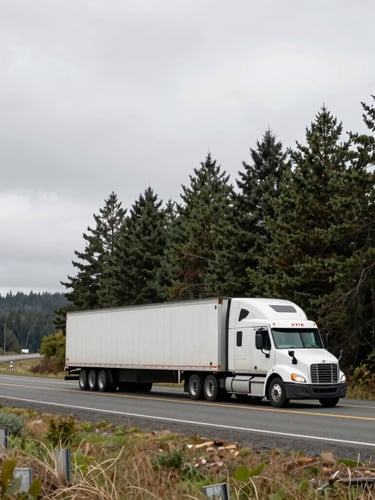 Scenic wide shot of a commercial semi-truck driving along a winding stretch of Interstate 84 in Oregon, overcast sky, pine trees in the background, muted natural tones, 35mm.