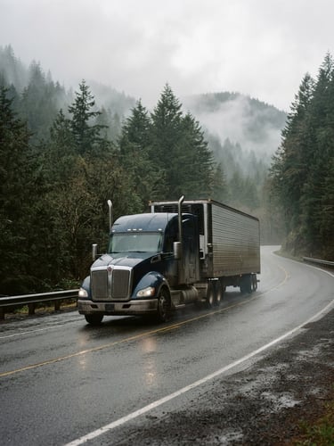 A commercial semi-truck traveling along a misty, evergreen-lined highway in Oregon, natural overcast daylight, 35mm
