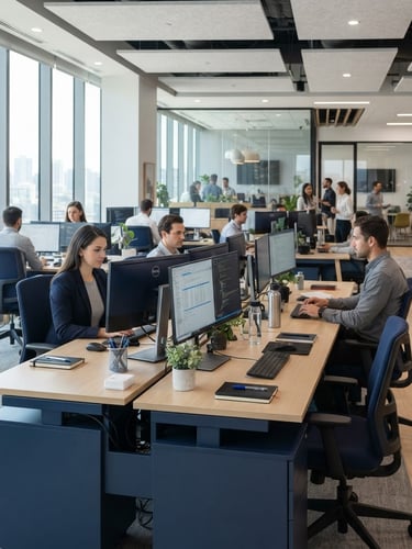Bright, modern corporate office interior with clean desks and devices, bathed in natural daylight, professional navy and grey tones.