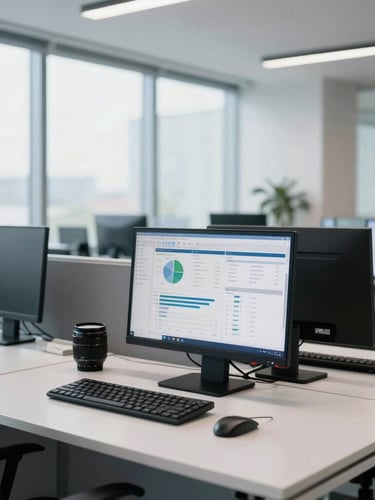 Modern professional office interior, clean desks, devices showing charts, bright natural office daylight, sharp focus, 35mm lens
