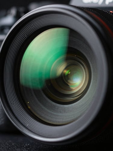 Macro close-up of a high-end camera lens reflecting neon green studio lights, shallow depth of field, technical dark aesthetic.