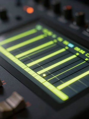 Macro close-up of a high-end video editing console, glowing neon-lime audio levels on a dark screen, moody studio lighting, shallow depth of field.