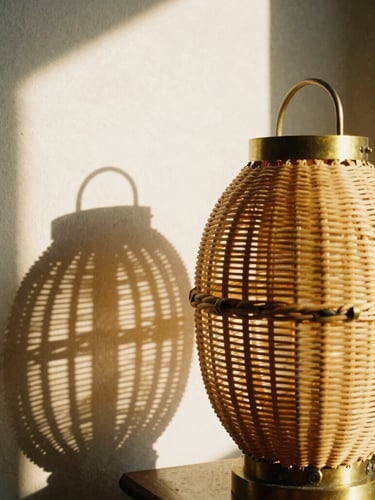 Close-up of a sculptural rattan table lantern with bent brass joints, warm golden-hour light casting intricate woven shadows on a minimalist plaster wall, 35mm film grain, portrait orientation.