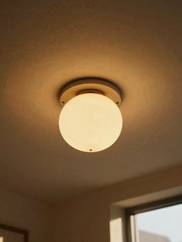 A single globe flush ceiling lamp illuminated at golden hour, casting soft circular shadows on a sand-toned plaster ceiling, warm editorial photography, 35mm film grain