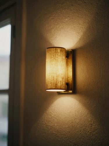 Close-up of a curved brass sconce casting a soft golden glow on a textured plaster wall, deep shadows, warm editorial photography, 35mm film grain