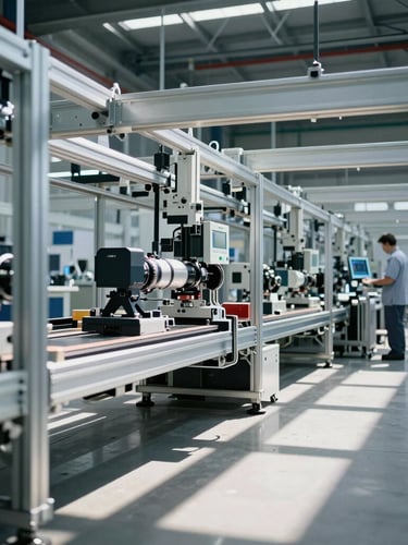 Wide technical perspective of a modern automated assembly line, clean geometric steel frames, sharp shadows under cool industrial daylight, unposed technician monitoring a digital terminal in the background.
