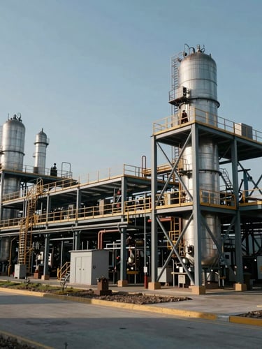 Vista de ángulo contrapicado de una planta industrial de alta tecnología con líneas estructurales limpias de acero y hormigón bajo luz diurna fría y sombras marcadas.