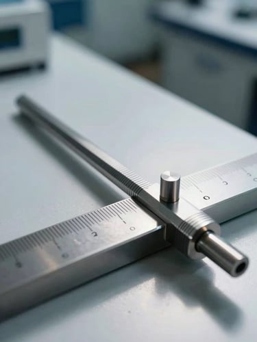 Macro close-up of a high-precision metal gauge measuring technical tolerances, sharp shadows, cool daylight, industrial laboratory setting.