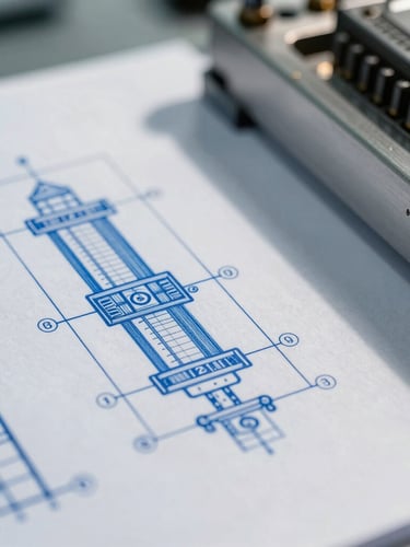 Macro close-up of technical schematics on a high-precision manufacturing floor, cool natural daylight, sharp blue blueprint lines, high-contrast shadows, architectural precision.