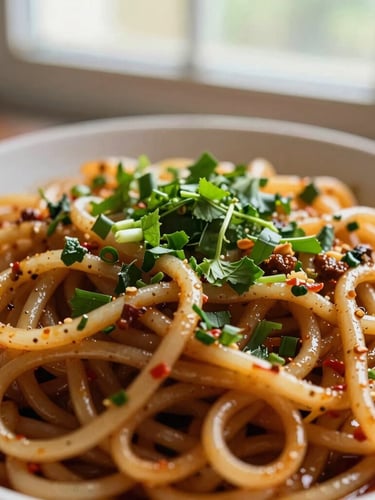 Overhead shot of freshly prepared local noodle dish with vibrant herbs, natural afternoon window light, rich saturated tones, shallow depth of field, 35mm