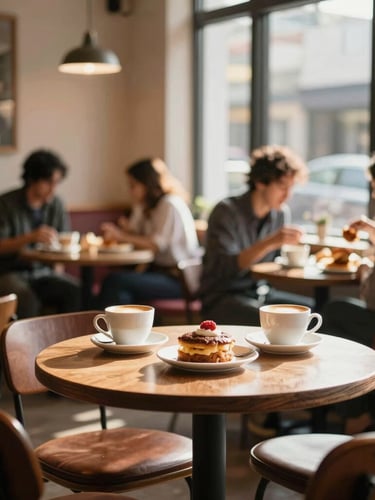A cozy café interior with warm lighting, comfortable seating, and a few blurred patrons enjoying coffee and snacks, seen from a slightly elevated angle, natural afternoon sun filtering through windows.