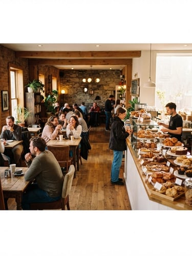 Warm and inviting cafe interior with comfortable seating, soft afternoon light filtering through windows, and a display of freshly baked pastries on the right side, wide panoramic.