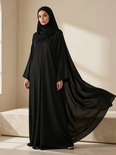 Warm editorial fashion photography, full-length photo of a black flowing abaya draped over a minimalist stone plinth, soft golden sunlight streaming from a side window, high-end studio styling