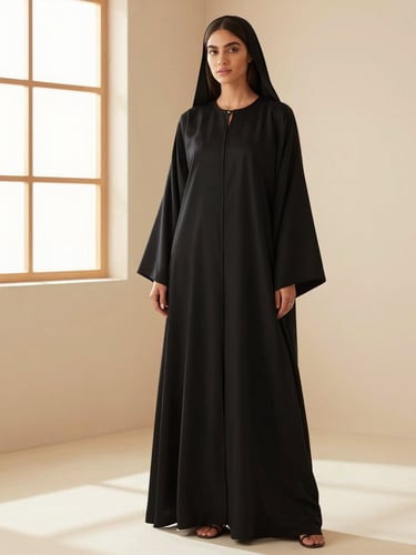 Full-length editorial crop of a model wearing a structured black luxury abaya in a bright, warm-toned minimalist studio with soft golden-hour window light, high-end fashion photography style.