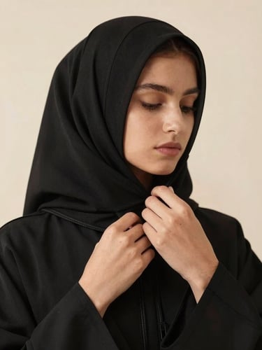 Warm editorial fashion photography, detail shot of a black luxury abaya seam, hands adjusting a sharp structured collar, bright warm studio light, shallow depth of field, minimalist neutral background
