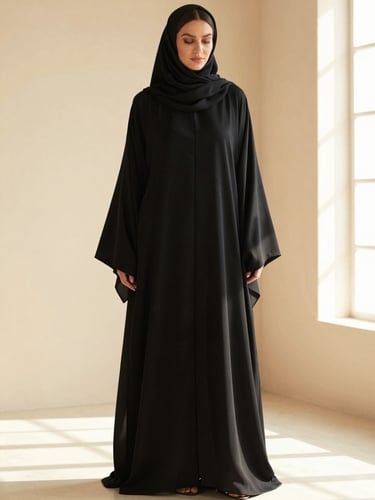 Warm editorial fashion photography of a model wearing a structured black crepe abaya in a bright, sunlit minimalist studio, soft golden hour light, medium shot focusing on the architectural drape
