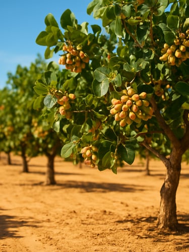 Bright natural Mediterranean sunlight illuminating rows of mature pistachio trees in a Spanish orchard, warm sandy soil, clear blue sky, shallow depth of field