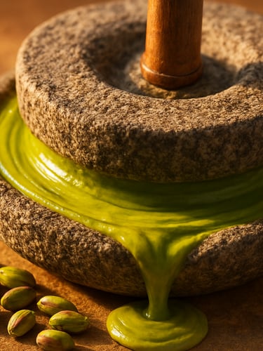 Close-up of a traditional granite stone mill grinding vibrant green pistachios into a smooth, glossy cream, warm golden hour lighting, rich textures.