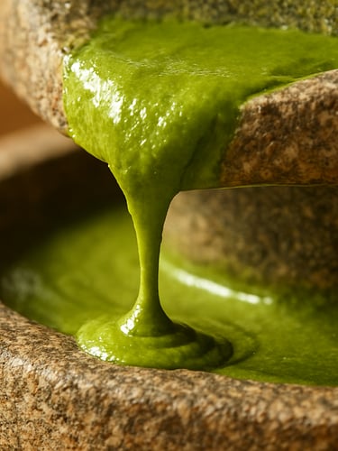 Close-up of vibrant green pistachio paste dripping slowly from a traditional granite stone mill, warm editorial food photography, rich textures, shallow depth of field