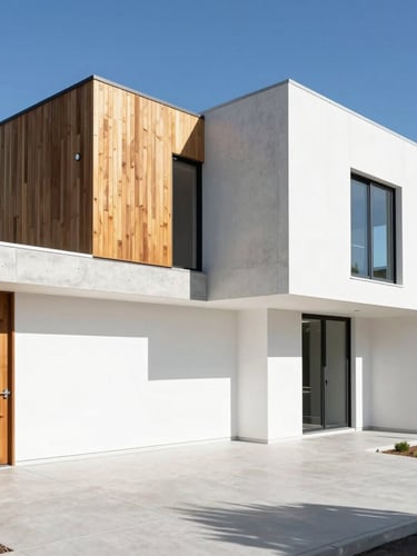Modern residential exterior under bright South Australian sun, sharp structural lines, concrete and timber facade, crisp shadows, wide-angle environmental shot