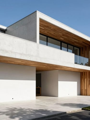 Wide-angle architectural photograph of a modern concrete and timber home facade under bright Adelaide sun, sharp structural lines, high-contrast shadows.