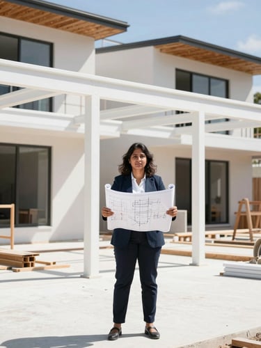 A professional portrait of female architect Sukhdev Kaur on an active modern residential construction site in Adelaide, bright natural daylight, clean white steel frames, holding blueprints, 35mm.