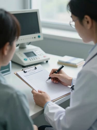 Medium environmental shot inside a clinical admission office: a psychiatrist seated at a desk reviews a patient intake chart under soft north-facing daylight, pen in hand, medical binder open, a monitoring station visible in the background — clean, institutional setting, no posed smiles, cool overcast light