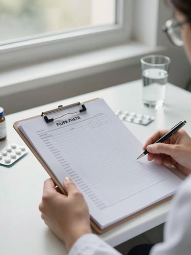 Medium environmental shot, clinical daylight from north-facing window: a psychiatrist's hands holding an open patient medical chart at a desk, medication blister packs and a glass of water visible in the background, cool white light, sharp focus on the paperwork, no posed expression, no golden hour