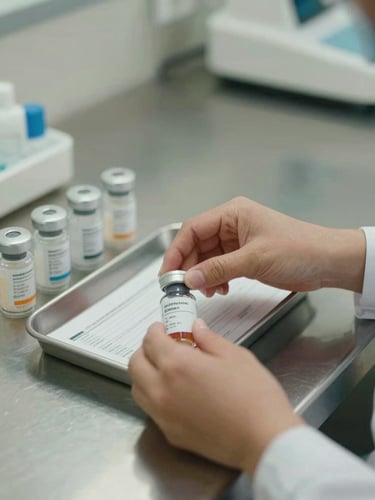 Medium environmental shot — close-up of a nurse's hands administering medication from a dispensary tray under flat clinical daylight, medication cups and a patient monitoring printout visible on the stainless surface, no posed expressions, no warm lighting