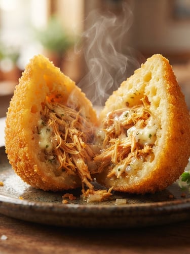 Extreme close-up of a golden-brown coxinha cut open showing steam rising from a generous, moist shredded chicken filling, soft morning window light, high-end culinary photography