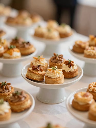 Elegant party table with golden-brown savories served on sophisticated ceramic stands, soft background bokeh, warm lighting