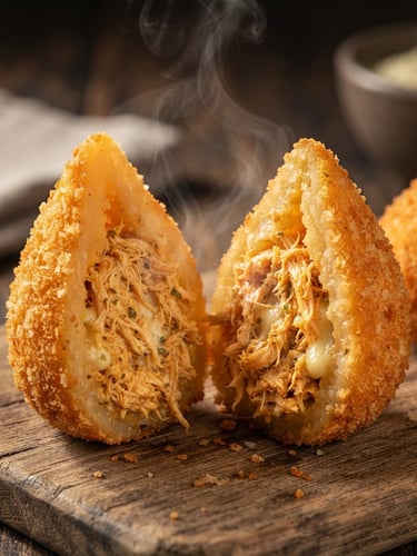 Extreme close-up of a golden-brown coxinha cut open showing steam and shredded chicken filling, warm natural side-light, rich golden tones, macro photography, shallow depth of field
