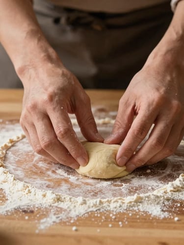 Hands of an artisanal cook gently shaping a delicate dough on a flour-dusted wooden table, warm side-lighting, rustic and elegant kitchen setting