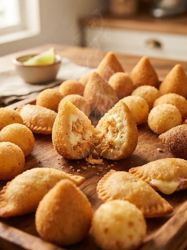 Portrait framing, warm natural side-light from a nearby window. A beautifully styled wooden tray filled with premium golden-brown Brazilian savories, featuring a single coxinha cut open showing steam and shredded chicken filling, shallow depth of field.