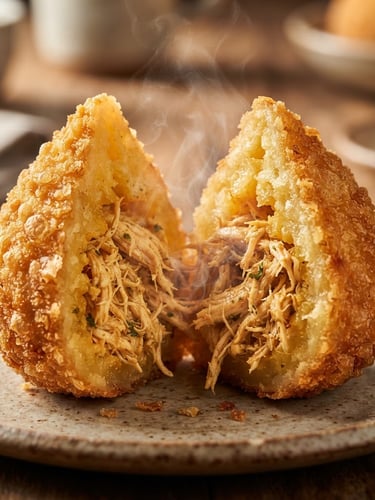 Extreme close-up of a golden-brown coxinha cut open, revealing steaming shredded chicken filling, crispy texture, warm natural side-light
