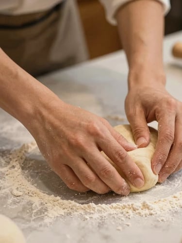 Hands of an artisanal baker gently shaping dough on a marble counter dusted with flour, warm side-light, authentic culinary environment