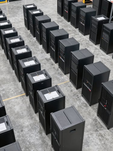 Wide overhead shot of a warehouse staging area, rows of decommissioned server racks arranged on a concrete floor under bright daylight warehouse lighting, equipment manifests clipped to the racks, clear sight lines across the floor, neutral grey and steel tones