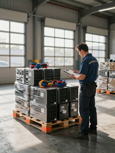 Wide shot of a warehouse worker with a clipboard reviewing a mixed pallet of unsorted server components and cable bundles, daylight streaming from loading dock doors, concrete floor, safety-orange pallet marker visible