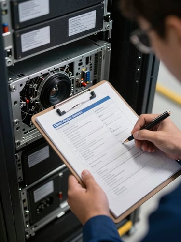 Close-up overhead framing of a technician's hands with a clipboard and condition assessment sheet resting on a decommissioned server chassis, daylight warehouse ambient light, equipment labels and asset tags clearly visible on steel rack surfaces